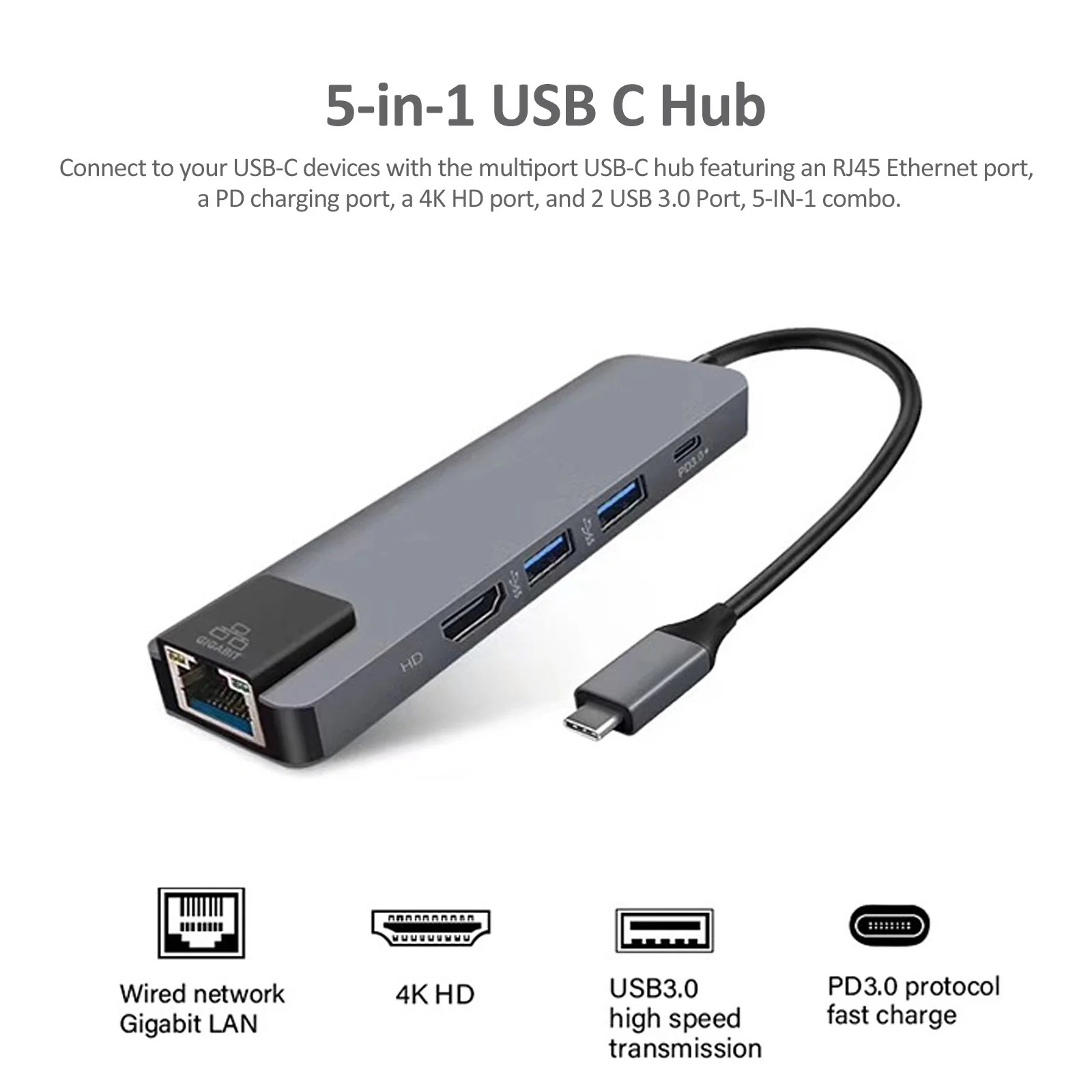 5-in-1 USB C  Ÿ-C ŷ ̼ ƼƮ  (4K HD, RJ45 ̴, USB 3.0, PD  Ʈ , ƺ ȣȯ)